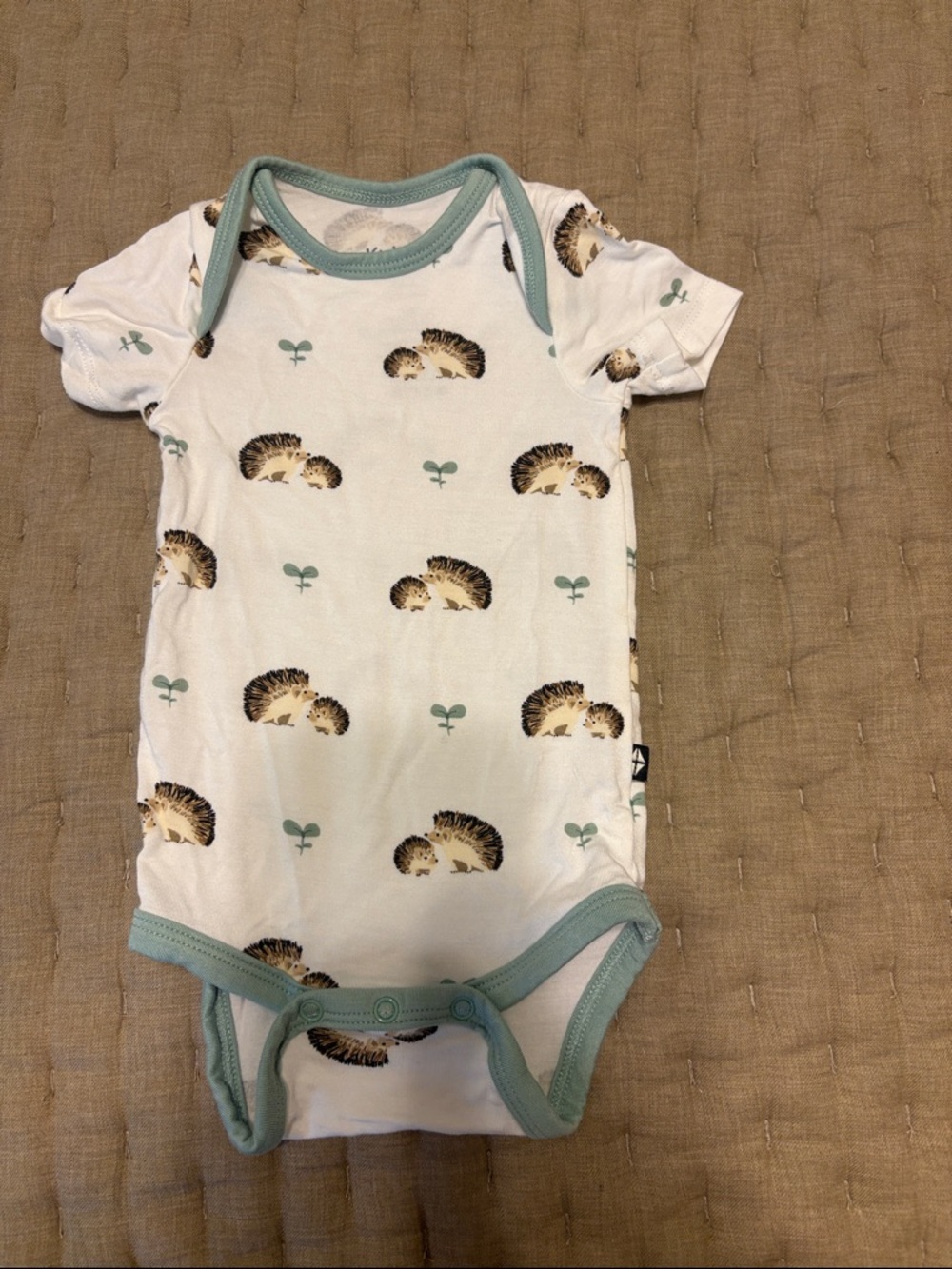 Kyte BABY White Hedgehog Print Short Sleeve Onesie with Sage Trim